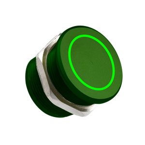 Electronically operated always open piezo switch. Aluminum, Green anodized body. Red and Green LED indications