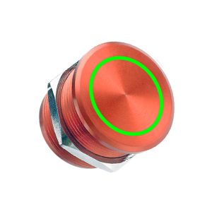 Electronically operated always open piezo switch. Aluminum Red anodized body. Red and Green LED indications