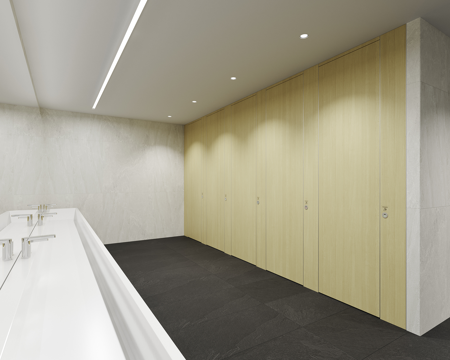 Cubicle Interior 2 с1 03 s oak | Setting New Standards in High-Traffic Washrooms: Stern’s Award-Winning VacantView Display and Touchless Partitions