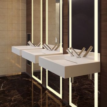 Green touch free faucet Inspiring, sleek and Modern Public Toilets interior design - Touch Free Faucet & Soap